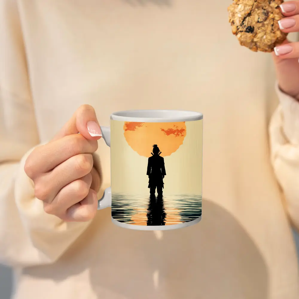 Samurai Silhouette Standing Before Orange Sun – Mugs