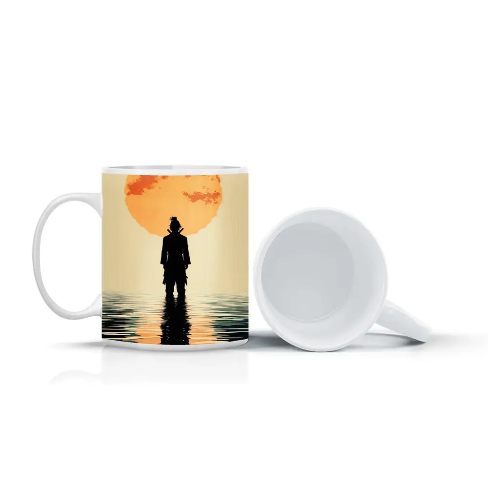 Samurai Silhouette Standing Before Orange Sun – Mugs