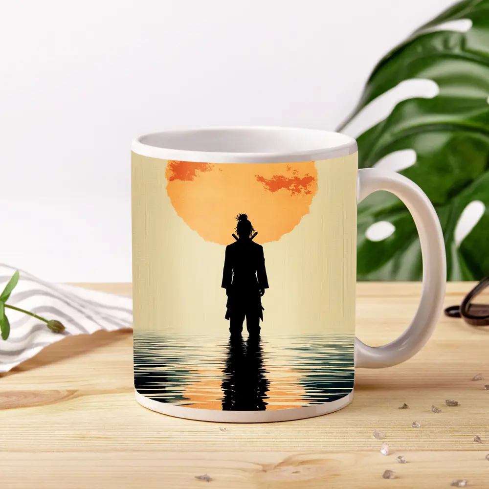 Samurai Silhouette Standing Before Orange Sun – Mugs