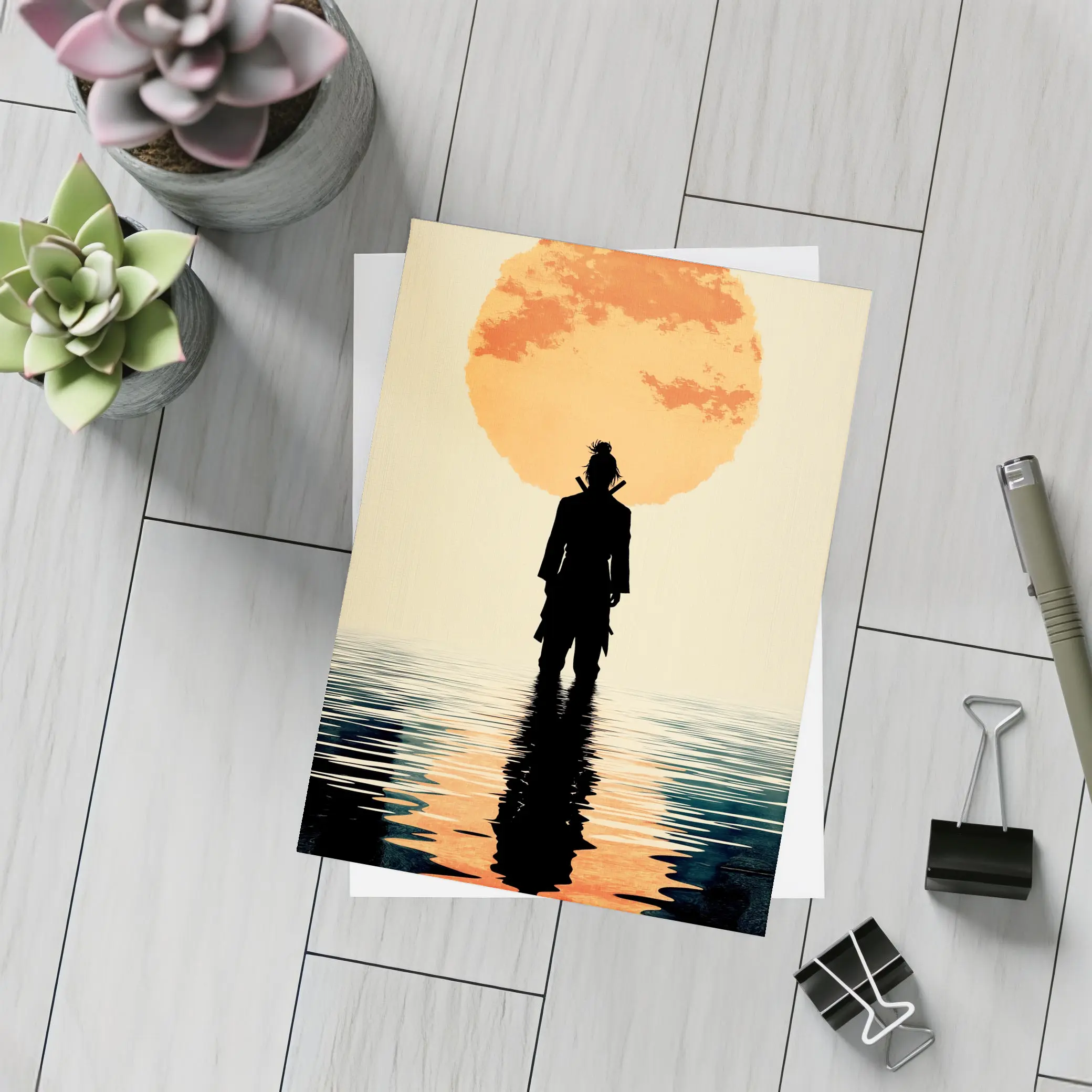 Samurai Silhouette Standing Before Orange Sun – Postcards