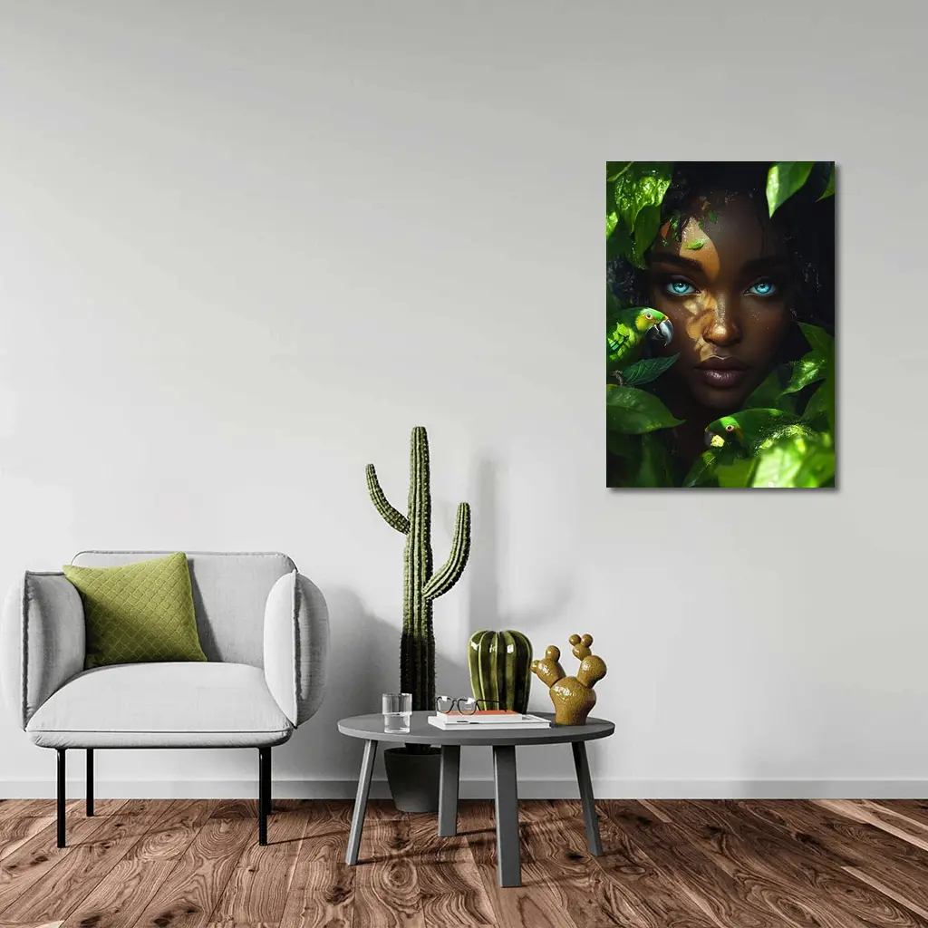 Woman Blue Eyes Parrots Tropical Leaves Art – Wall Art