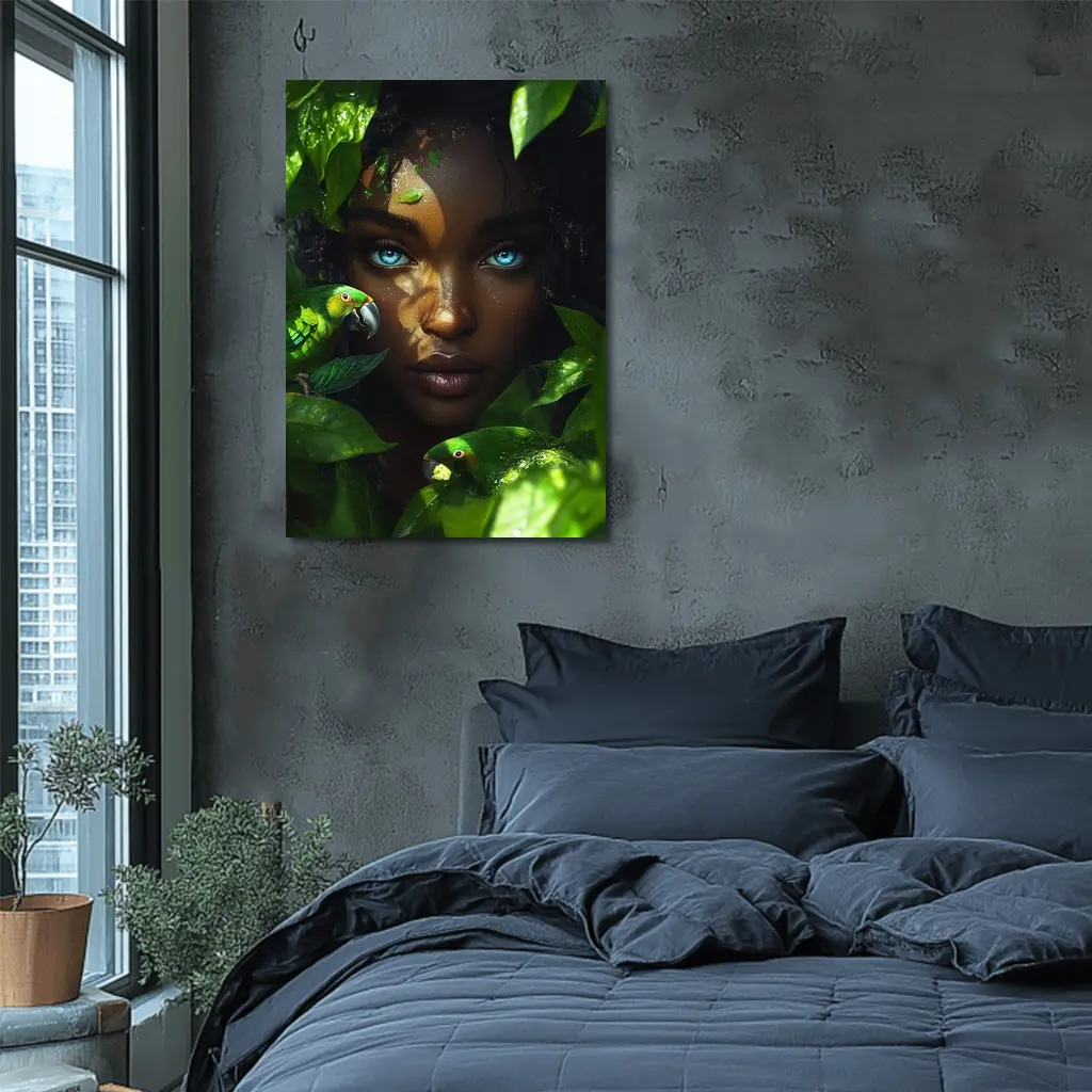 Woman Blue Eyes Parrots Tropical Leaves Art – Wall Art