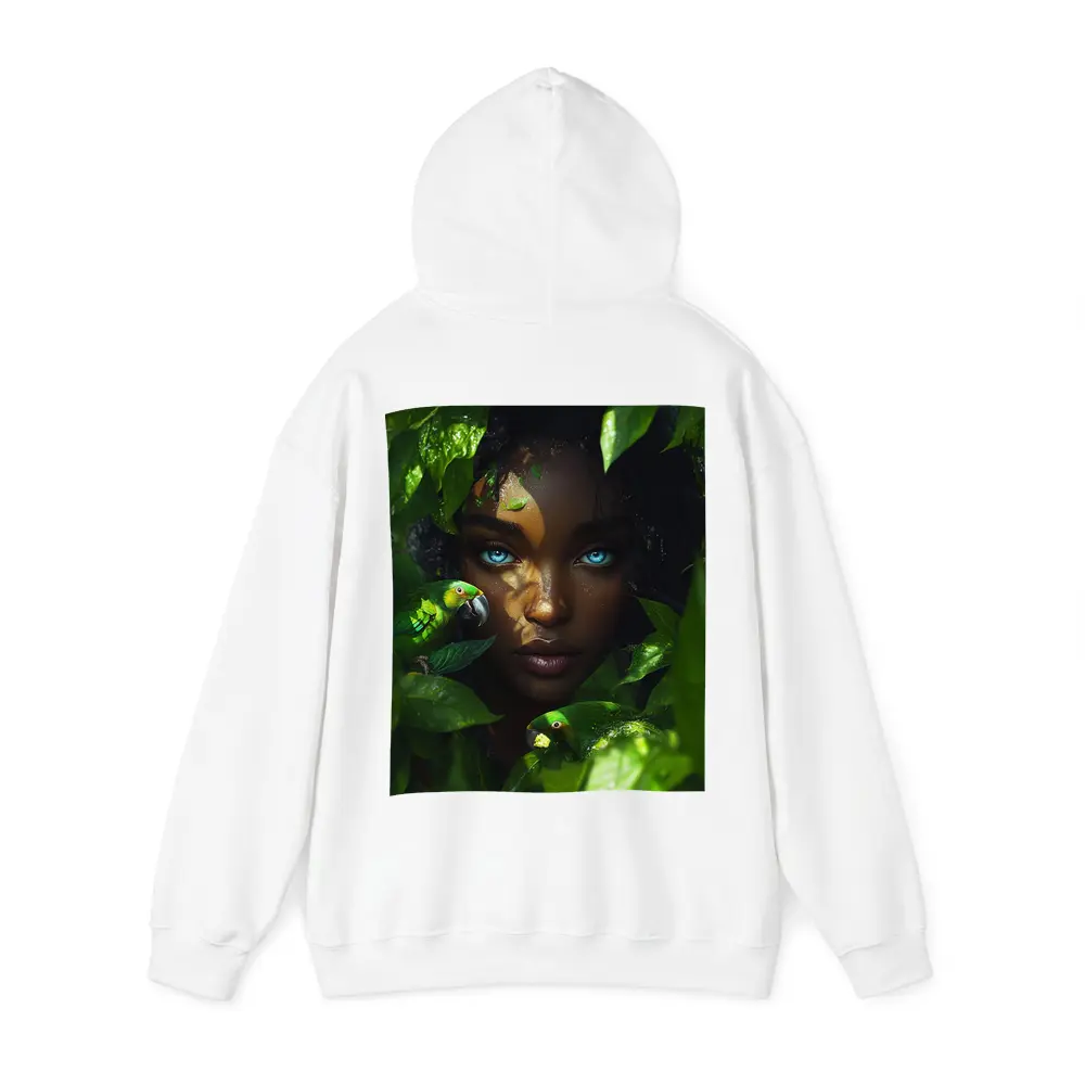 Woman Blue Eyes Parrots Tropical Leaves Art – Hoodies