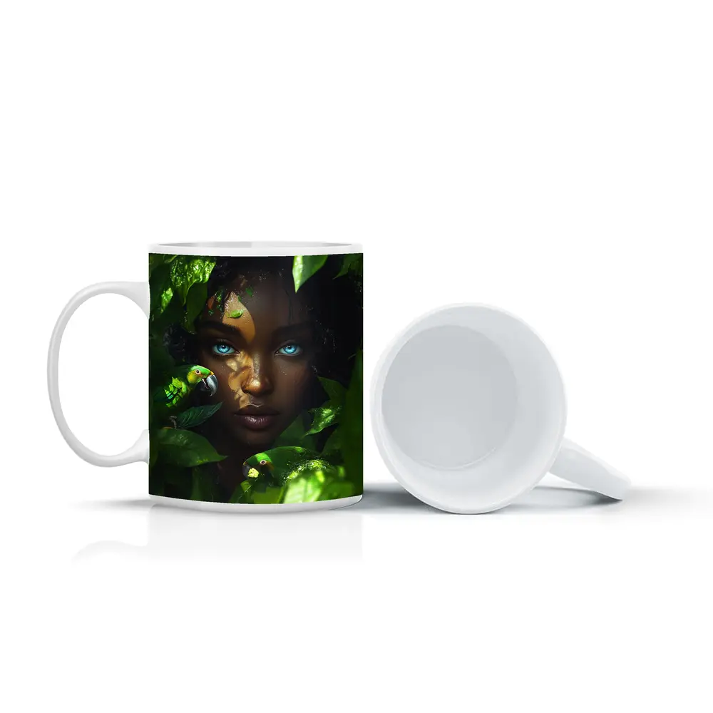 Woman Blue Eyes Parrots Tropical Leaves Art – Mugs
