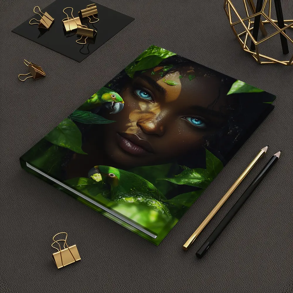 Woman Blue Eyes Parrots Tropical Leaves Art – Notebooks