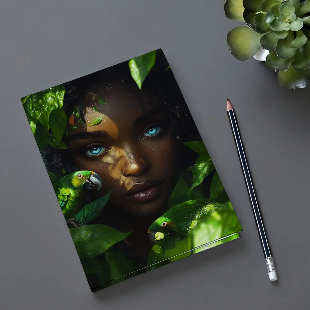 Woman Blue Eyes Parrots Tropical Leaves Art – Notebooks