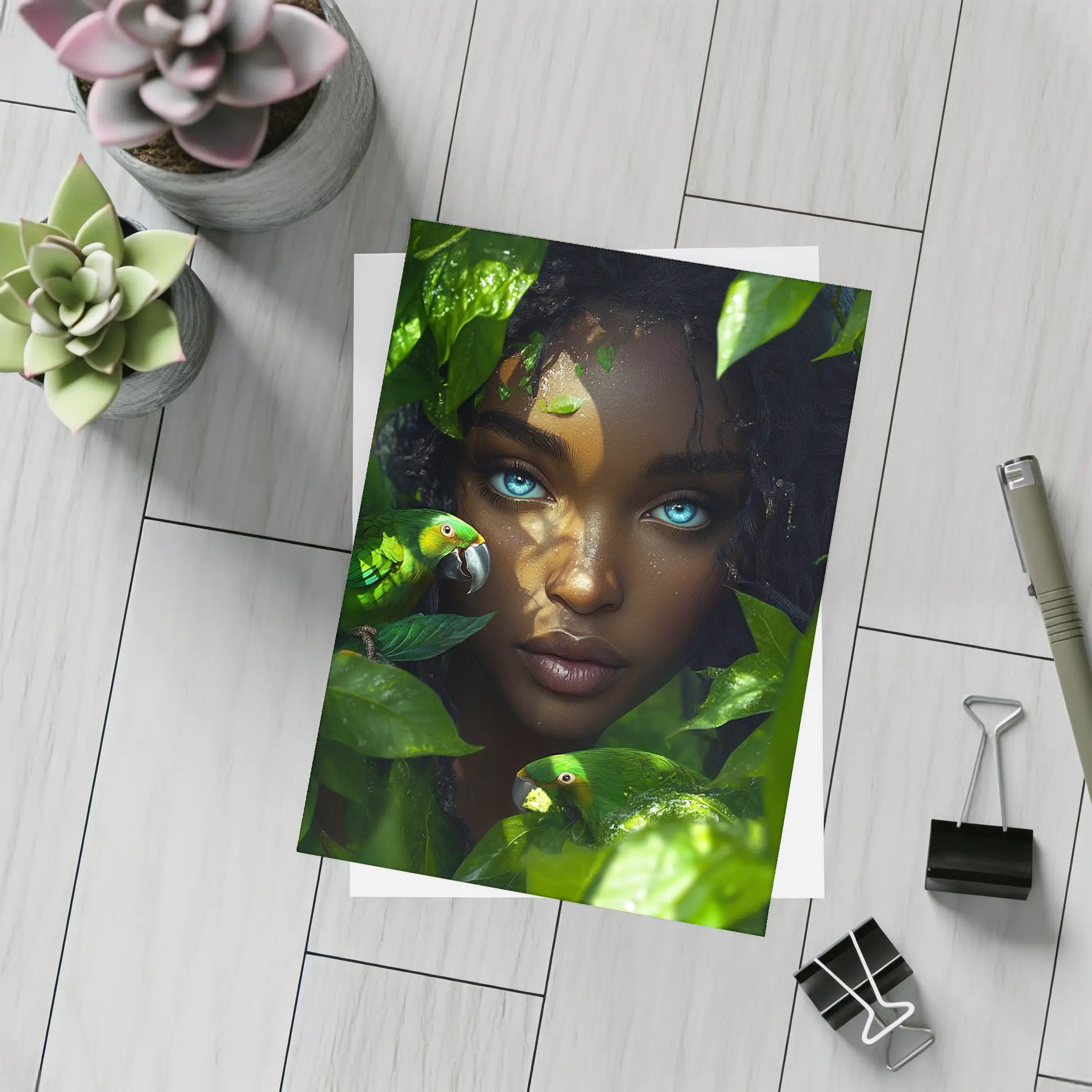 Woman Blue Eyes Parrots Tropical Leaves Art – Postcards