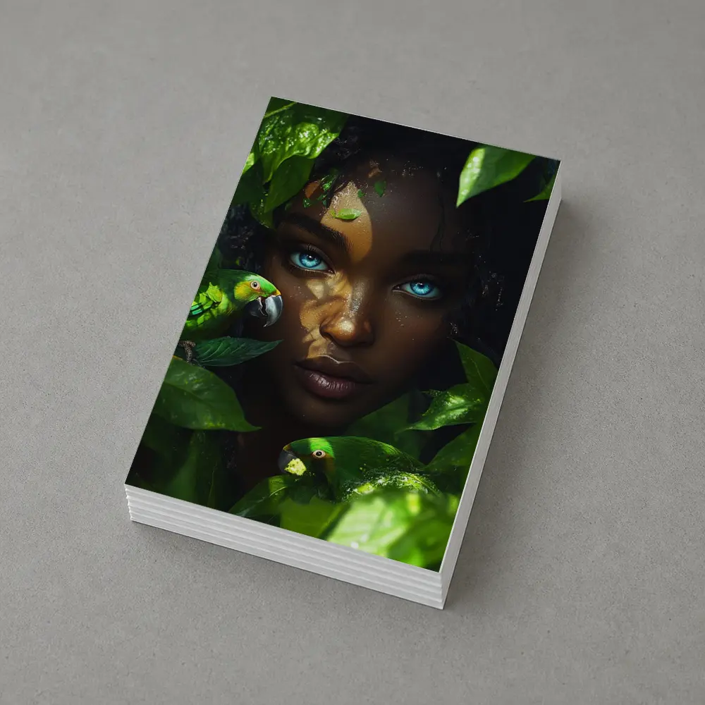 Woman Blue Eyes Parrots Tropical Leaves Art – Postcards