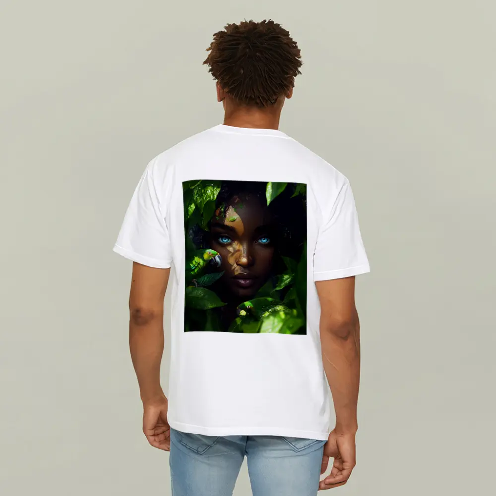 Woman Blue Eyes Parrots Tropical Leaves Art – T-Shirts