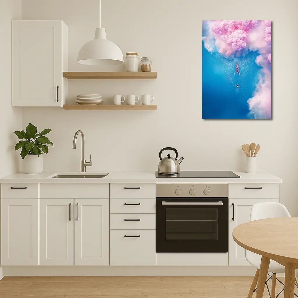 Aerial Boat Pink Clouds Blue Ocean View – Wall Art