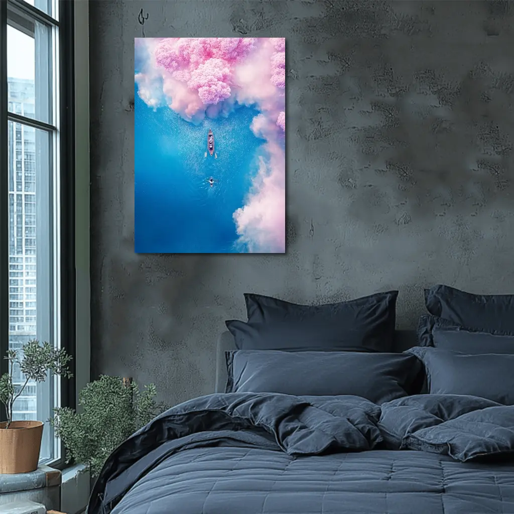 Aerial Boat Pink Clouds Blue Ocean View – Wall Art