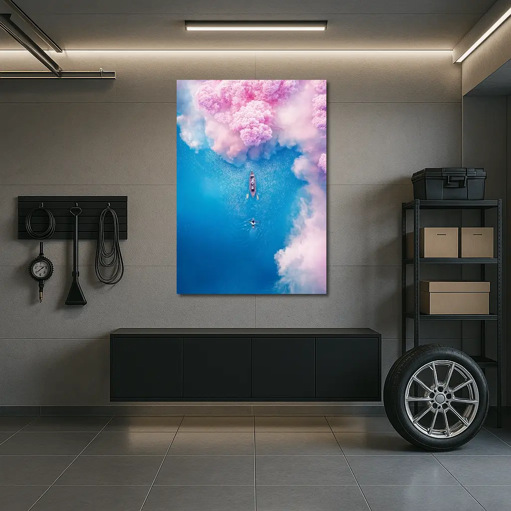 Aerial Boat Pink Clouds Blue Ocean View – Wall Art