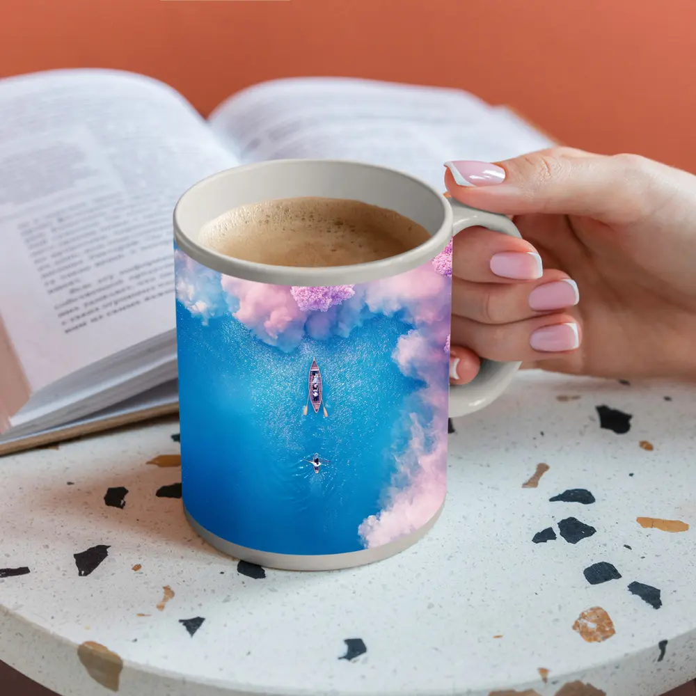 Aerial Boat Pink Clouds Blue Ocean View – Mugs