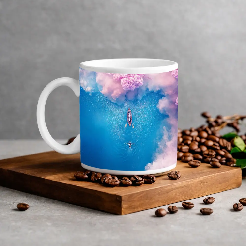 Aerial Boat Pink Clouds Blue Ocean View – Mugs