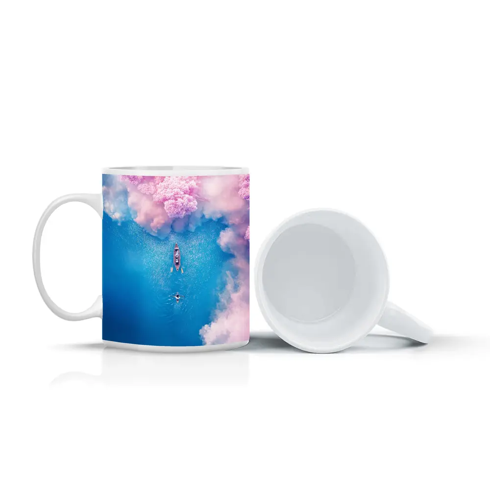 Aerial Boat Pink Clouds Blue Ocean View – Mugs
