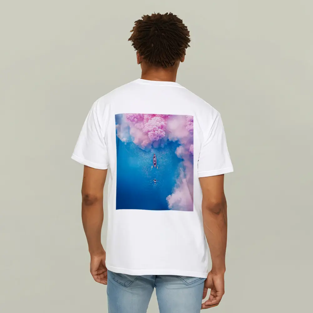 Aerial Boat Pink Clouds Blue Ocean View – T-Shirts