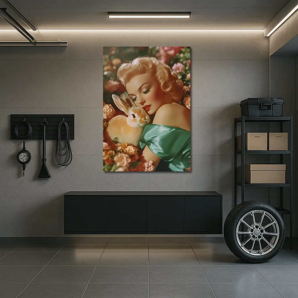 Retro Pin Up Woman With Bunny Flowers – Wall Art