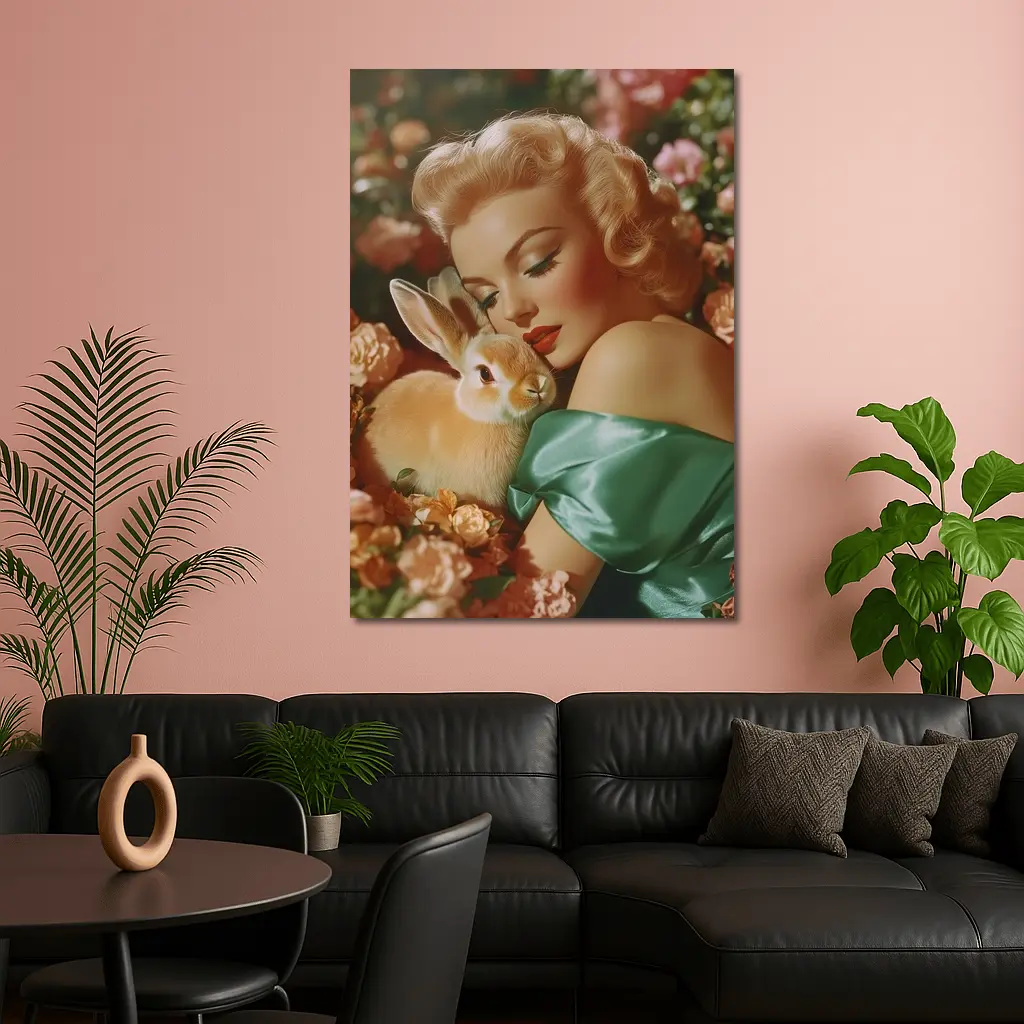 Retro Pin Up Woman With Bunny Flowers – Wall Art