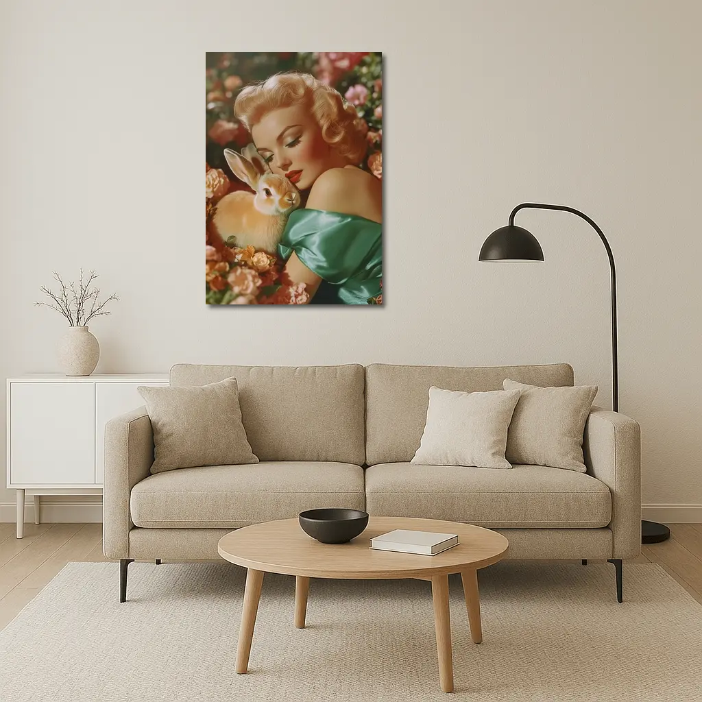 Retro Pin Up Woman With Bunny Flowers – Wall Art