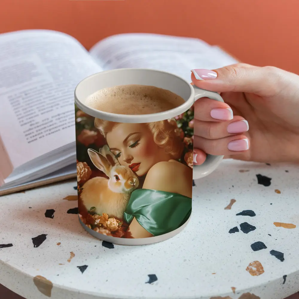 Retro Pin Up Woman With Bunny Flowers – Mugs