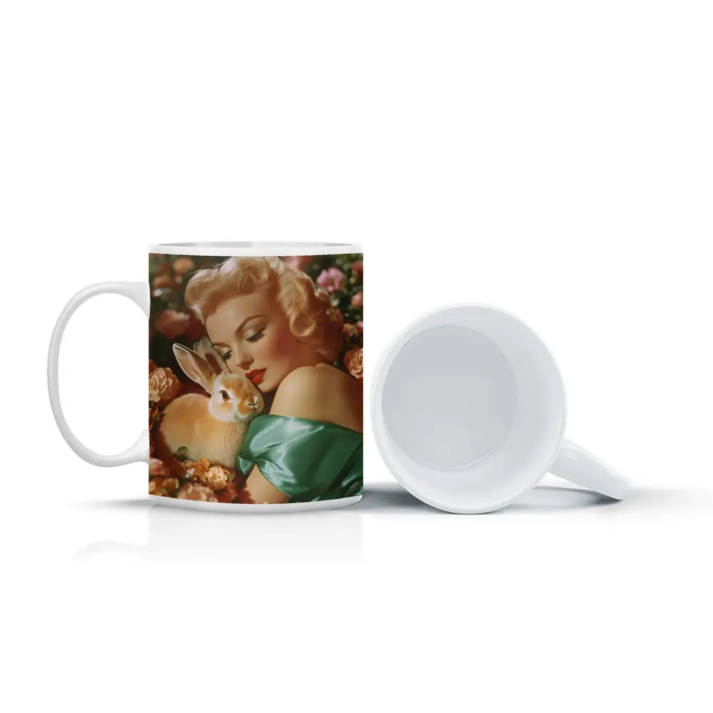 Retro Pin Up Woman With Bunny Flowers – Mugs