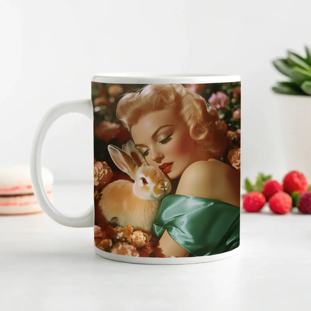 Retro Pin Up Woman With Bunny Flowers – Mugs
