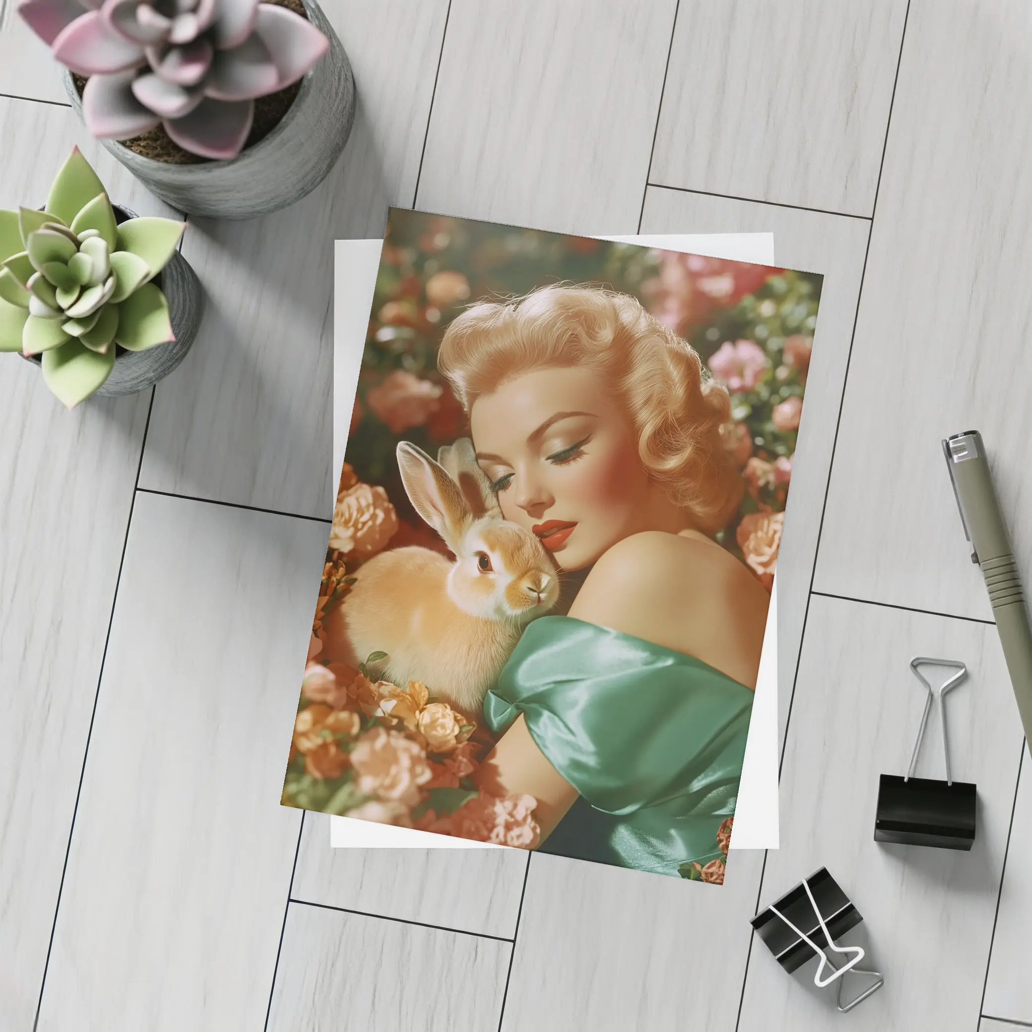 Retro Pin Up Woman With Bunny Flowers – Postcards