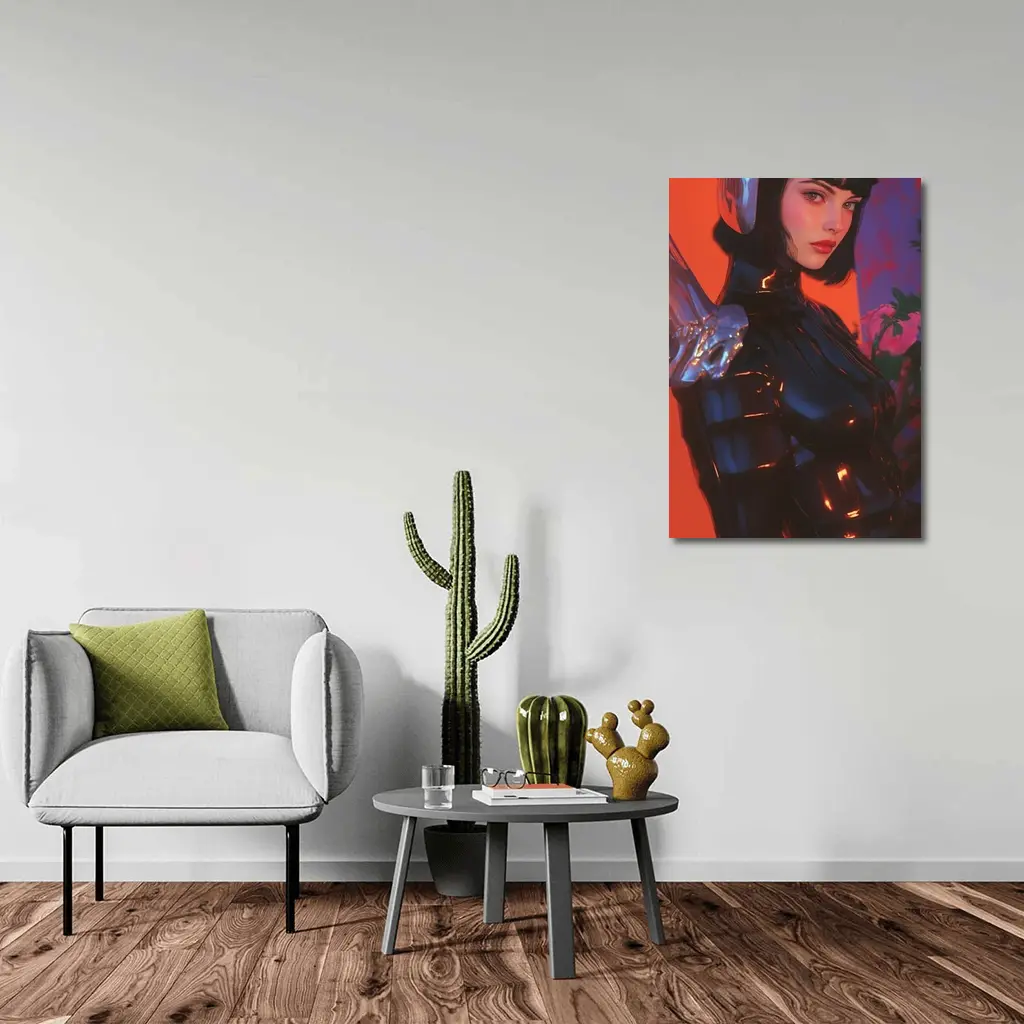 Cyberpunk Woman Warrior Red Futuristic Background – Wall Art