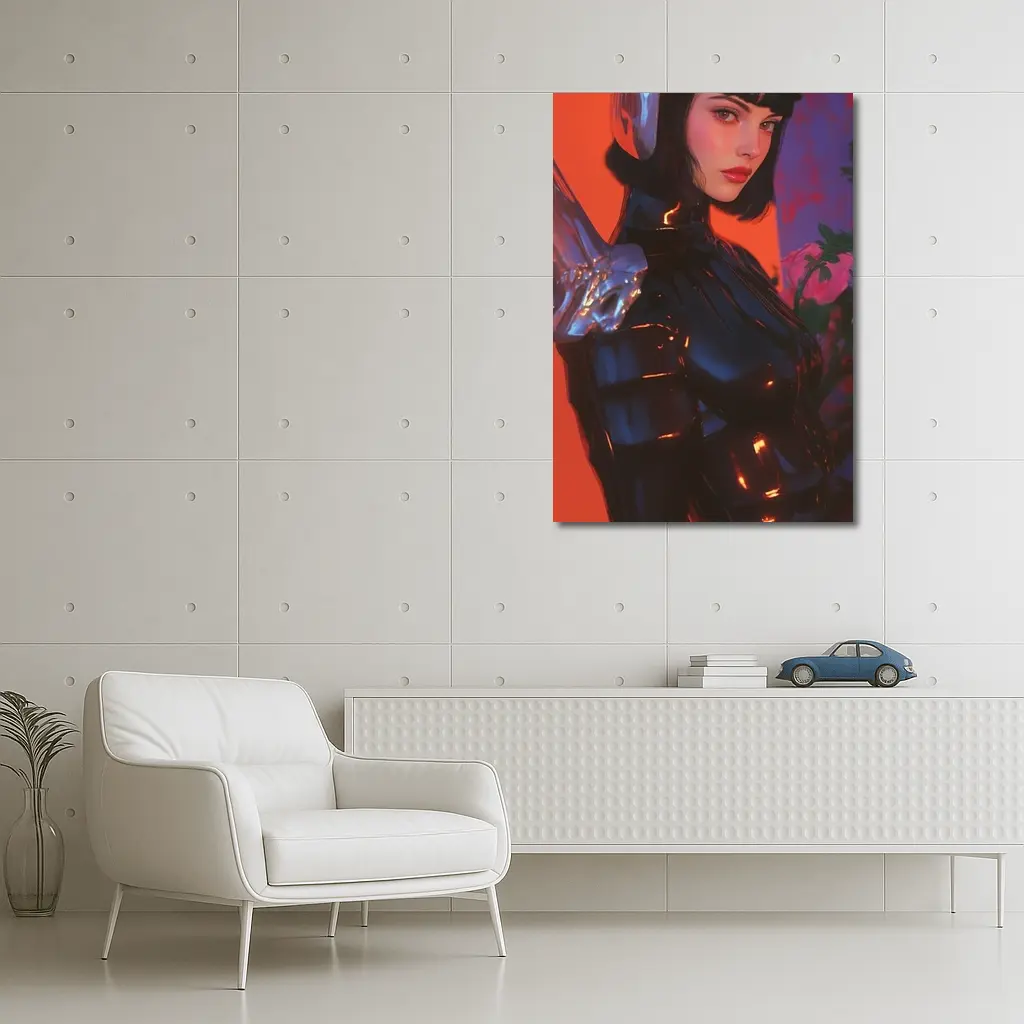 Cyberpunk Woman Warrior Red Futuristic Background – Wall Art