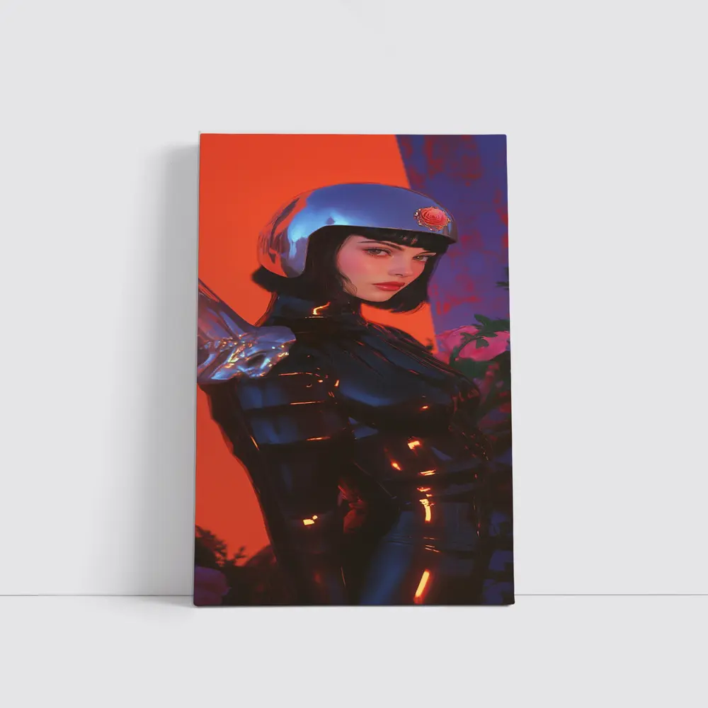 Cyberpunk Woman Warrior Red Futuristic Background – Wall Art