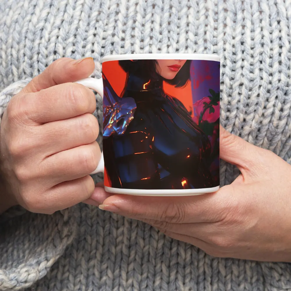 Cyberpunk Woman Warrior Red Futuristic Background – Mugs
