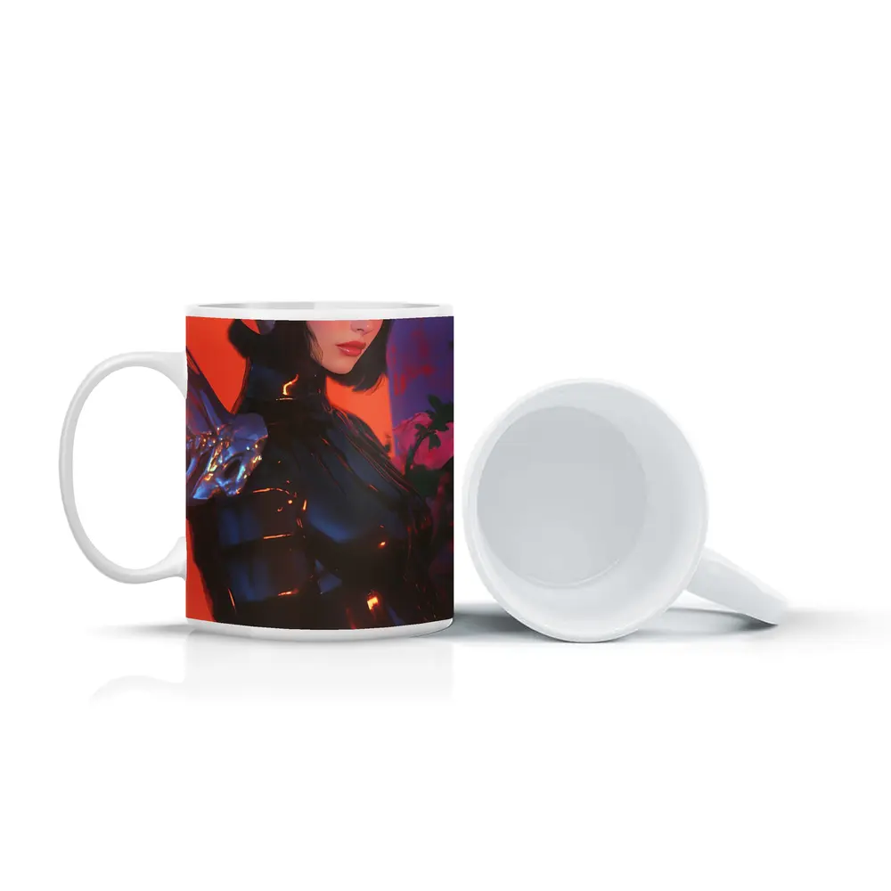 Cyberpunk Woman Warrior Red Futuristic Background – Mugs