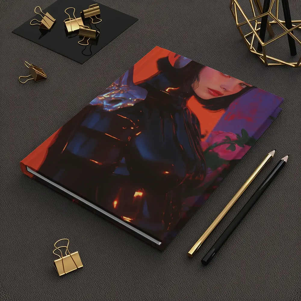 Cyberpunk Woman Warrior Red Futuristic Background – Notebooks