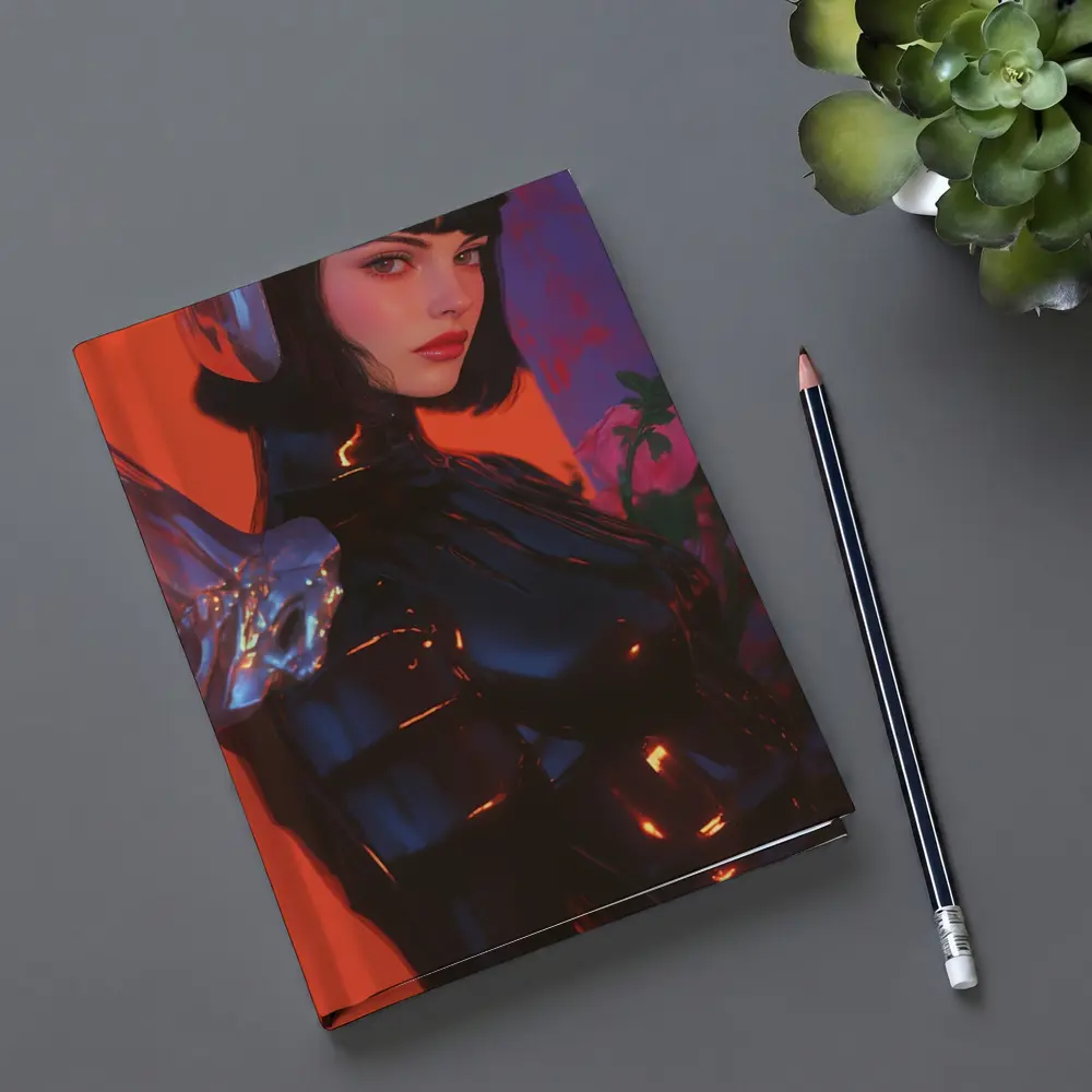 Cyberpunk Woman Warrior Red Futuristic Background – Notebooks