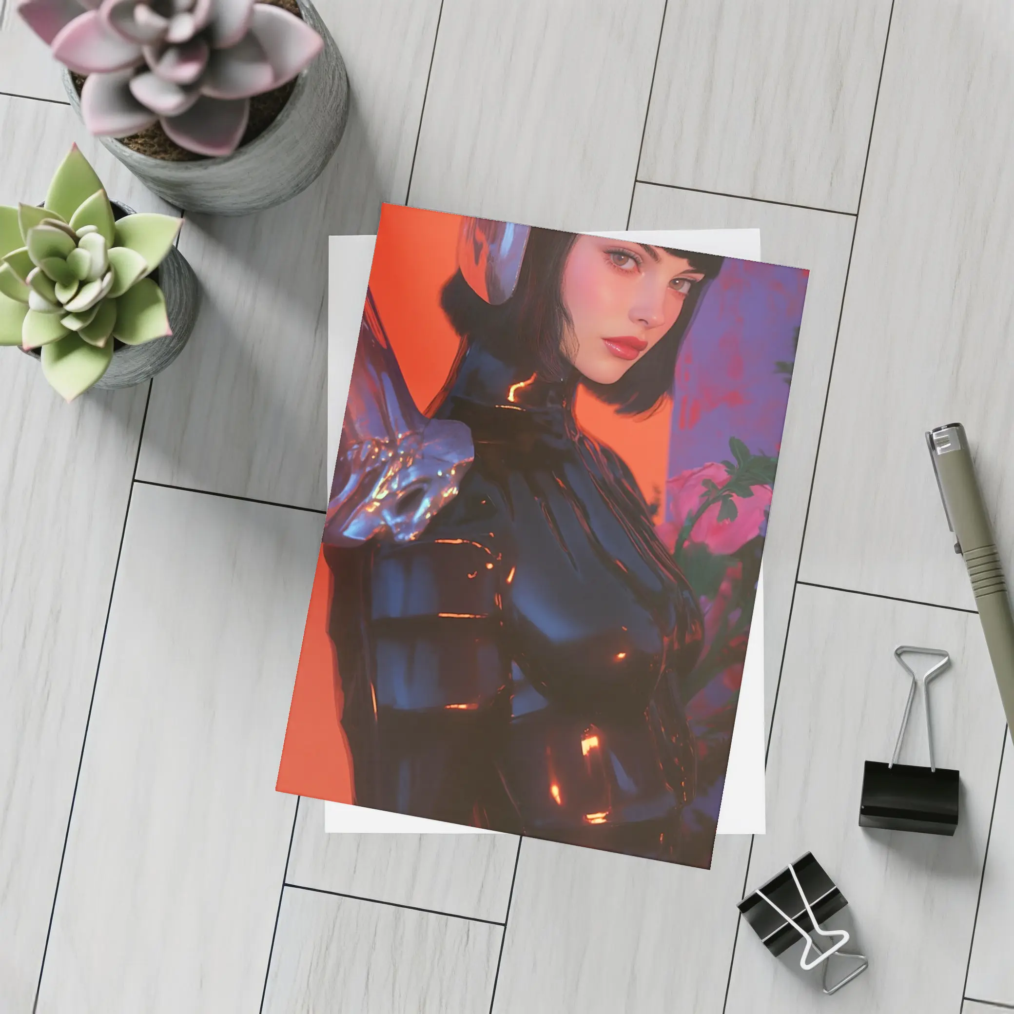 Cyberpunk Woman Warrior Red Futuristic Background – Postcards
