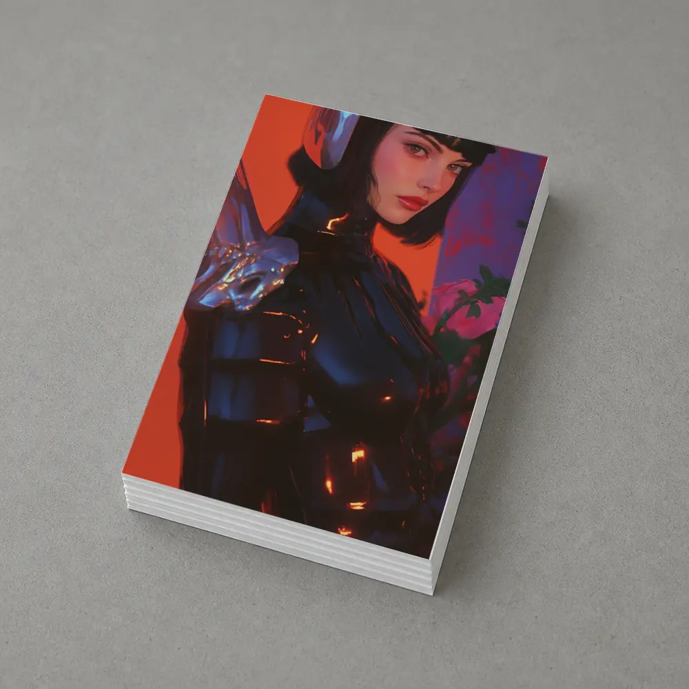 Cyberpunk Woman Warrior Red Futuristic Background – Postcards