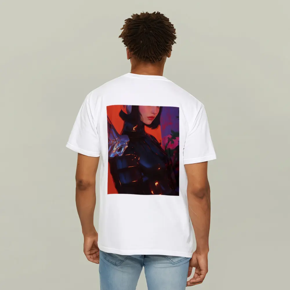 Cyberpunk Woman Warrior Red Futuristic Background – T-Shirts