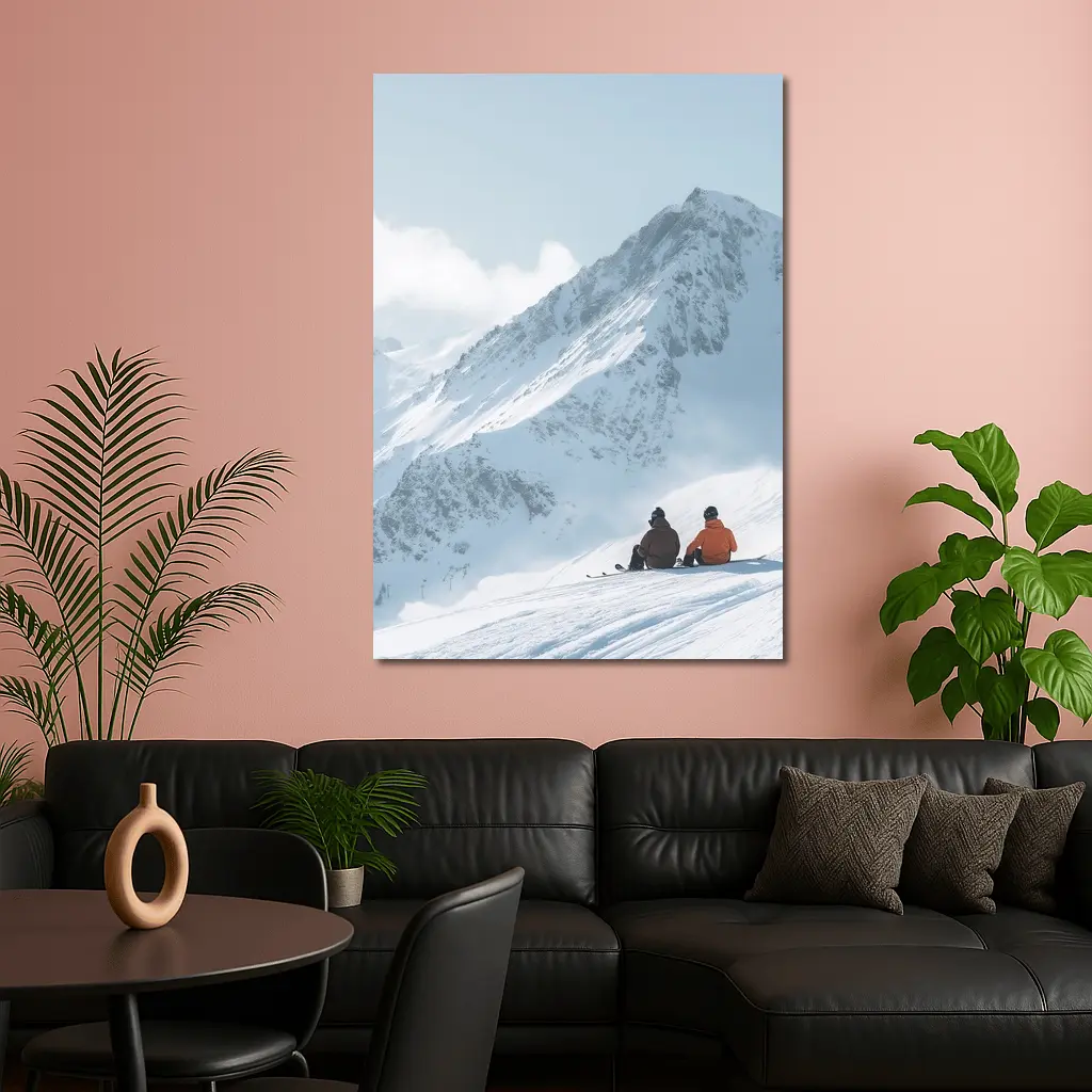 Two Skiers Resting On Snowy Mountain Peak – Wall Art
