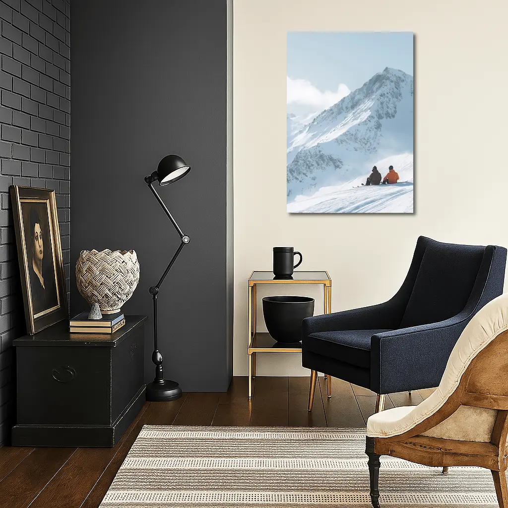 Two Skiers Resting On Snowy Mountain Peak – Wall Art