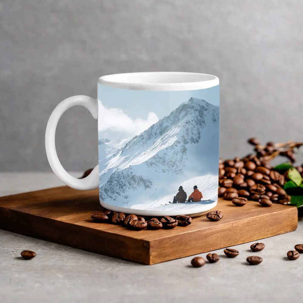 Two Skiers Resting On Snowy Mountain Peak – Mugs