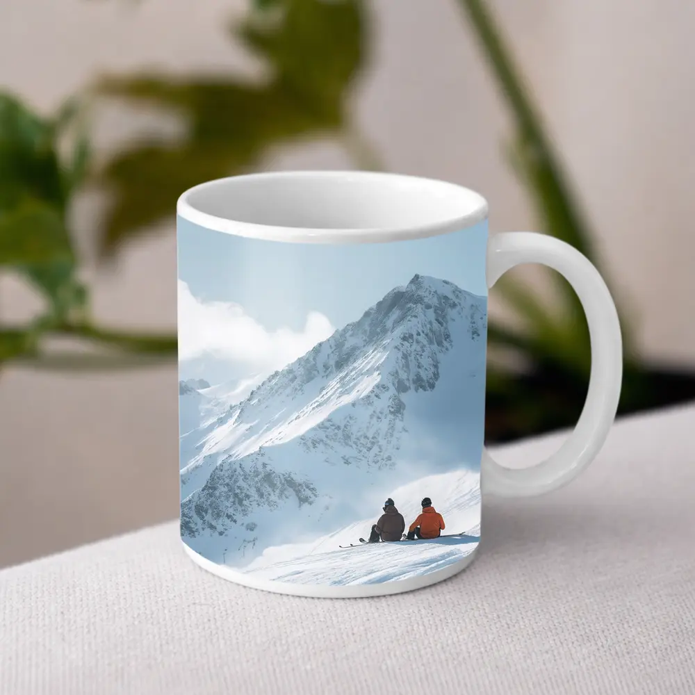 Two Skiers Resting On Snowy Mountain Peak – Mugs