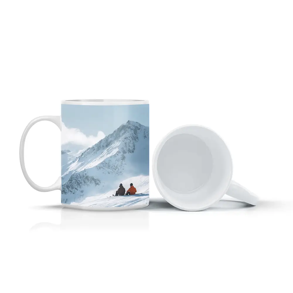 Two Skiers Resting On Snowy Mountain Peak – Mugs