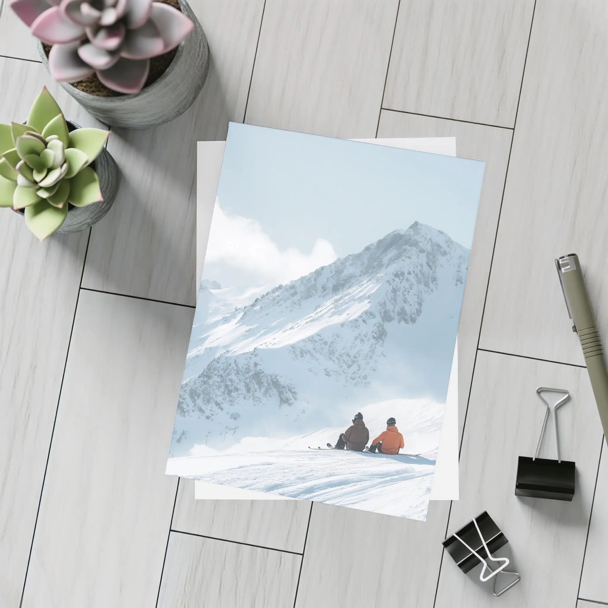 Two Skiers Resting On Snowy Mountain Peak – Postcards
