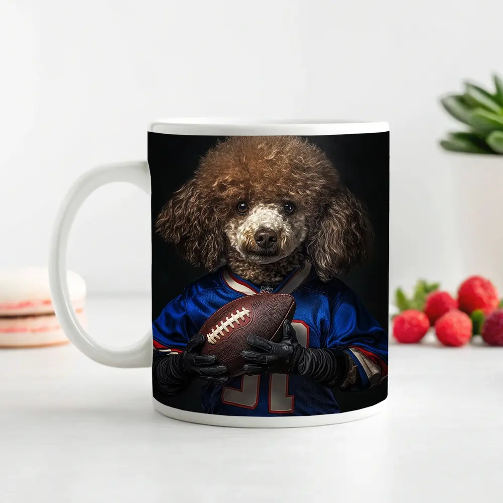 Poodle Dog Football Player Blue Jersey – Mugs