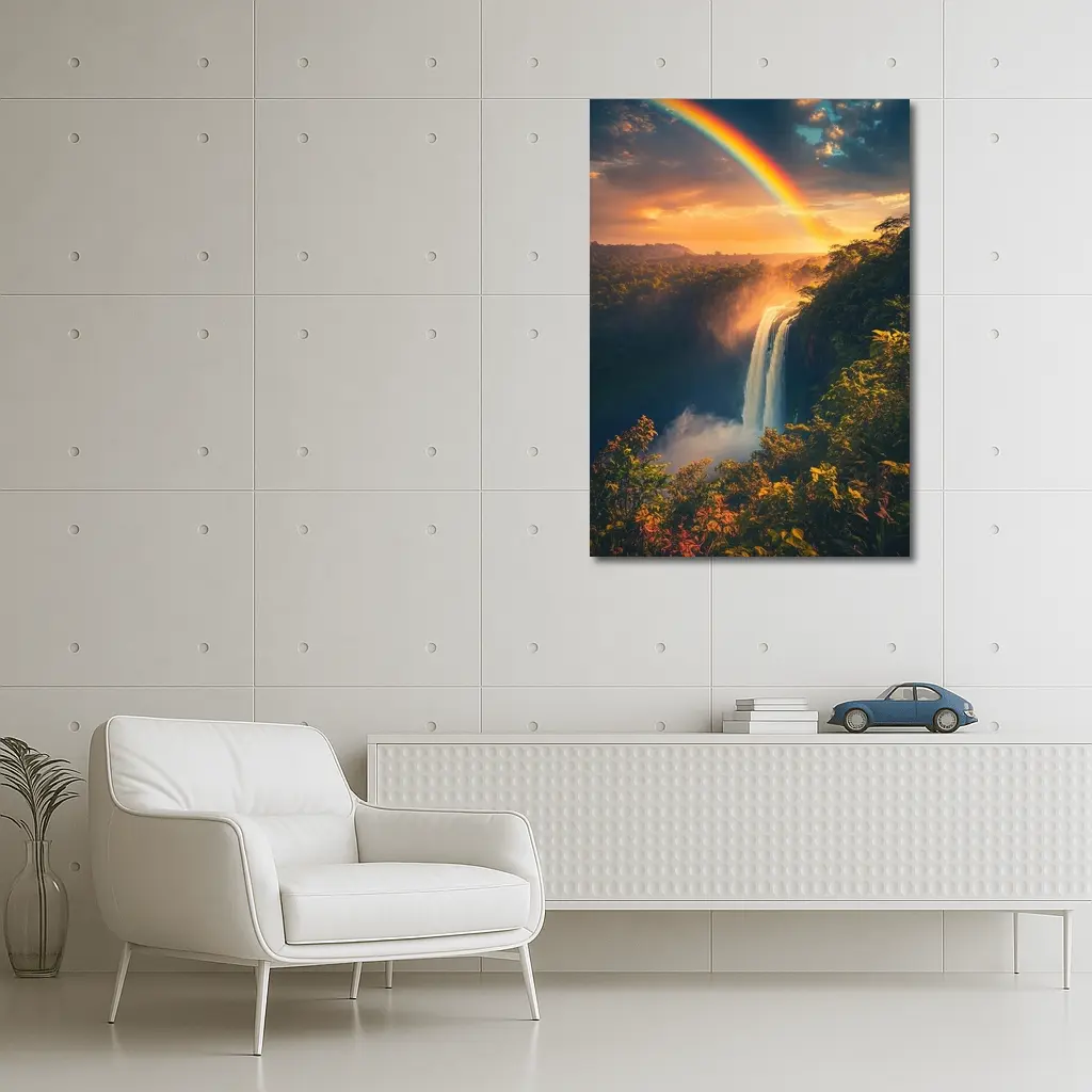 Tropical Waterfall Rainbow Sunset Forest Landscape – Wall Art
