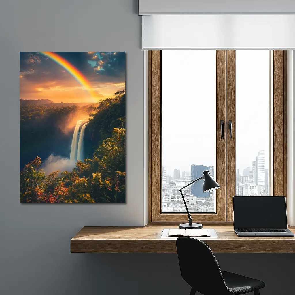 Tropical Waterfall Rainbow Sunset Forest Landscape – Wall Art