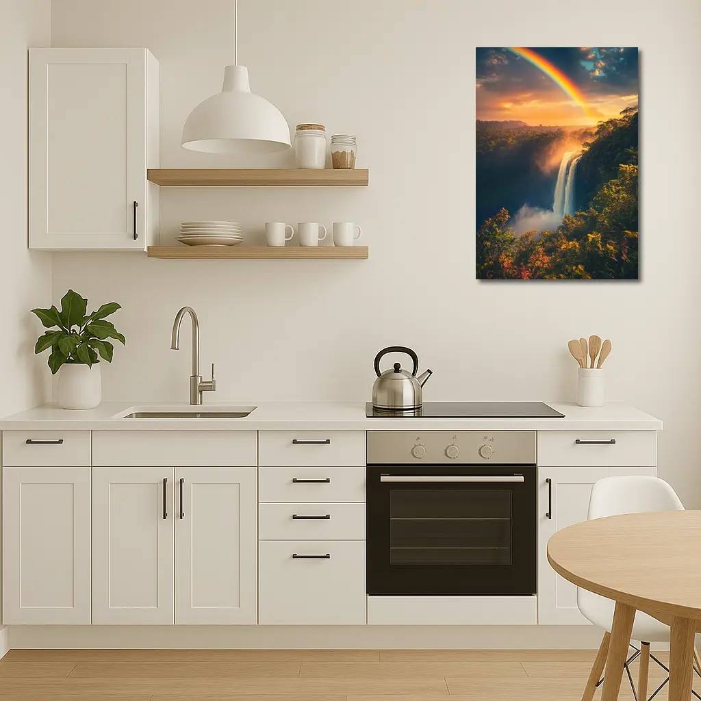 Tropical Waterfall Rainbow Sunset Forest Landscape – Wall Art