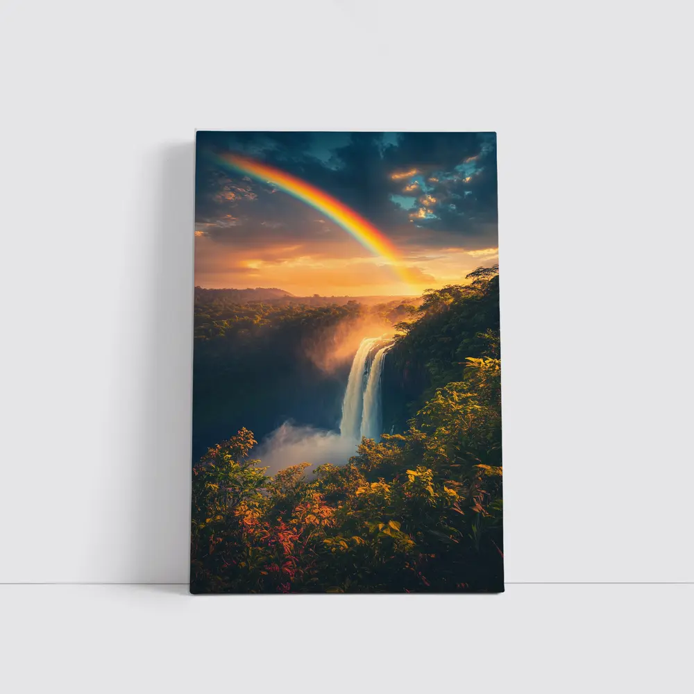 Tropical Waterfall Rainbow Sunset Forest Landscape – Wall Art
