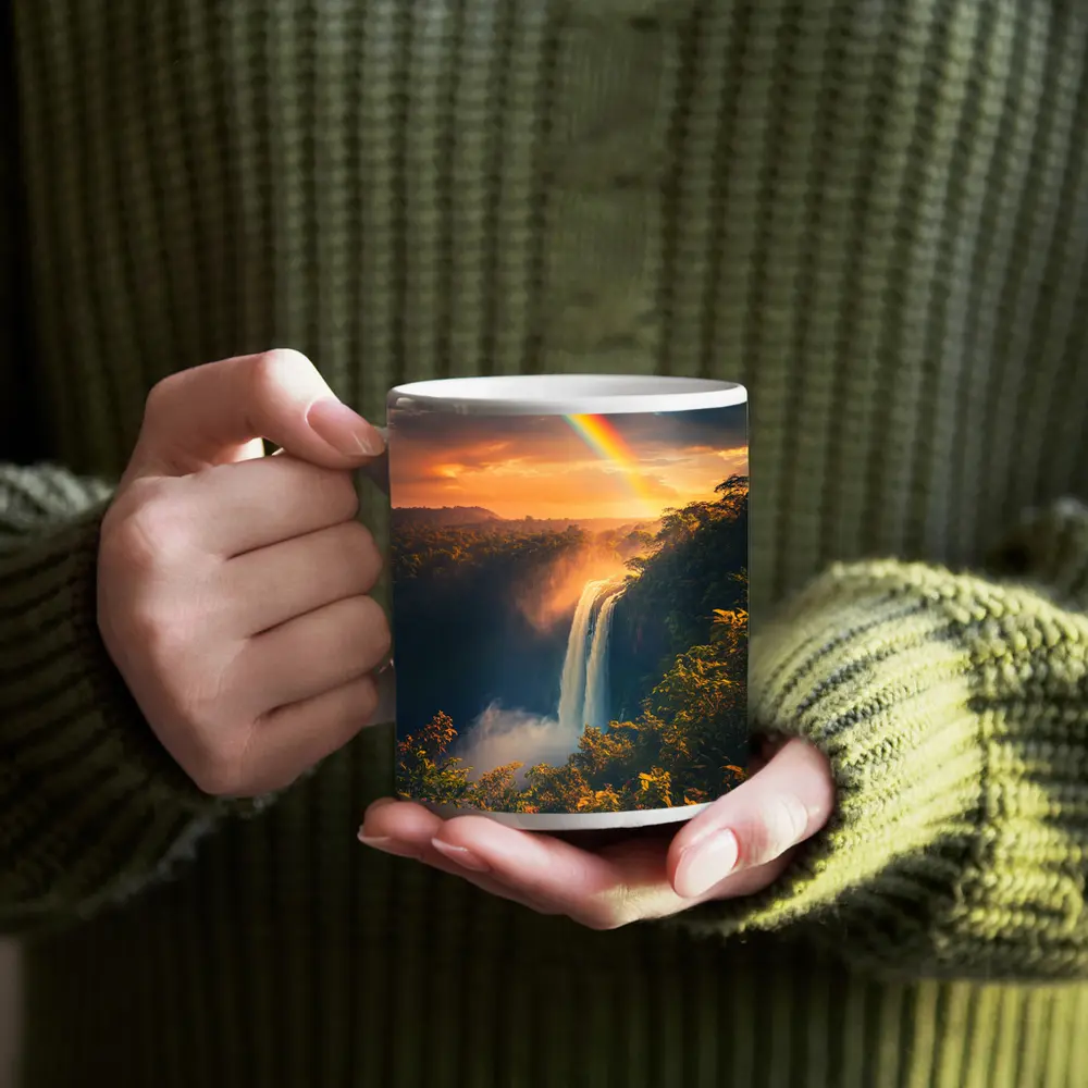 Tropical Waterfall Rainbow Sunset Forest Landscape – Mugs