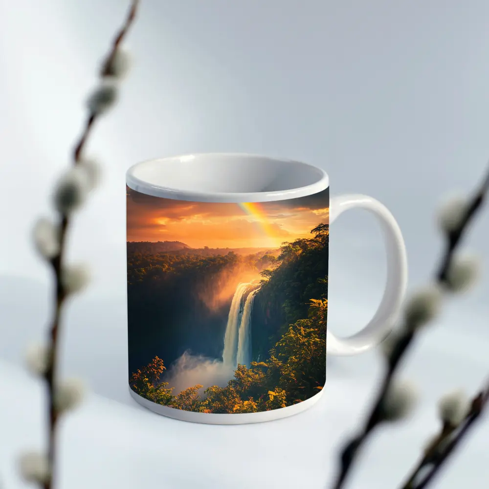 Tropical Waterfall Rainbow Sunset Forest Landscape – Mugs